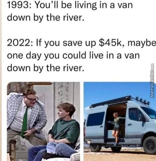 1993: You'll Be Living In A Van
Down By The River.
2022: If You Save Up $45k, Maybe
One Day You Could Live In A Van
Down By The River.
