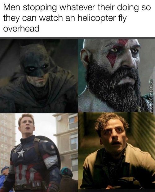 Men Stopping Whatever Their Doing So
They Can Watch An Helicopter Fly
Overhead
