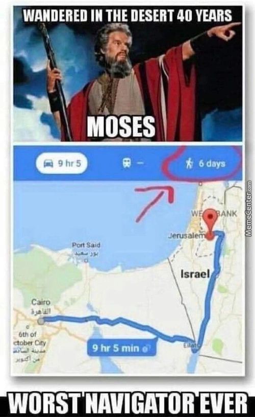 WANDERED IN THE DESERT 40 YEARS
MOSES
9 Hr5
Pat Satd
6th Of
Ctl*:»« CO
9 Hr 5 Mtn
6 Days
ANK
Israel
WORST NAVIGATOR EVER
