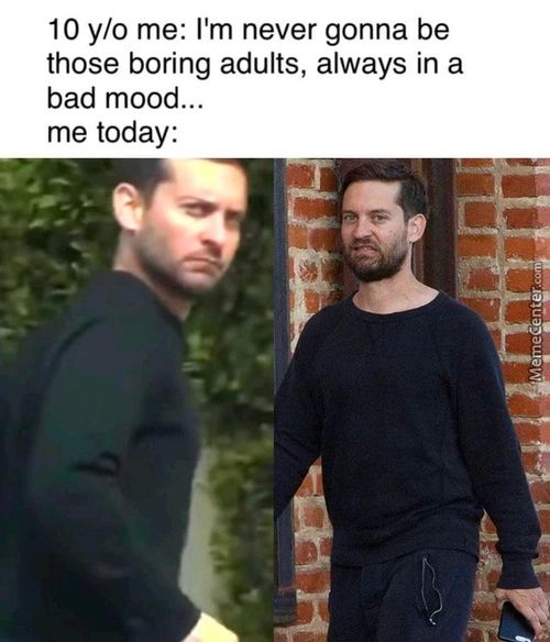 10 Y/o Me: I'm Never Gonna Be
Those Boring Adults, Always In A
Bad Mood...
Me Today:
