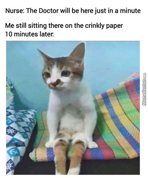 Nurse: The Doctor Will Be Here Just In A Minute
Me Still Sitting There On The Crinkly Paper
10 Minutes Later
