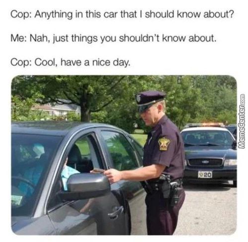 Cop: Anything In This Car That I Should Know About?
Me: Nah, Just Things You Shouldn't Know About.
Cop: Cool, Have A Nice Day.
