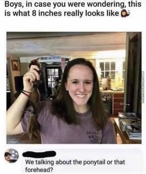 Boys, In Case You Were Wondering, This
Is What 8 Inches Really Looks Like
We Talking About The Ponytail Or That
Forehead?
