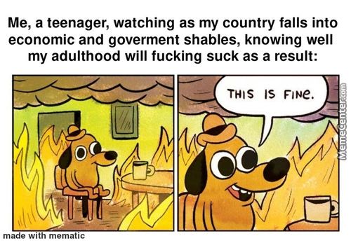 Me, A Teenager, Watching As My Country Falls Into
Economic And Goverment Shables, Knowing Well
My Adulthood Will Fucking Suck As A Result:
THIS IS FINe.
Made Wit Mematic
