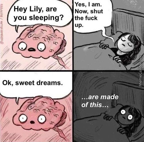 Hey Lily, Are
You Sleeping?
0k, Sweet Dreams.
O .32
Yes, I Am.
Now, Shut
The Fuck
Up.
...are Made
Of This..
