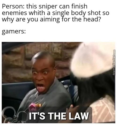 Person: This Sniper Can Finish
Enemies Whith A Single Body Shot So
Why Are You Aiming Tor The Head?
Gamers:
IT'S THE LAW
