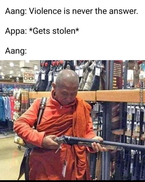Aang: Violence Is Never The Answer.
Appa: *Gets Stolen*
Aang:
