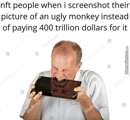 Nft People When I Screenshot Their
Picture Of An Ugly Monkey Instead
Of Paying 400 Trillion Dollars For It
