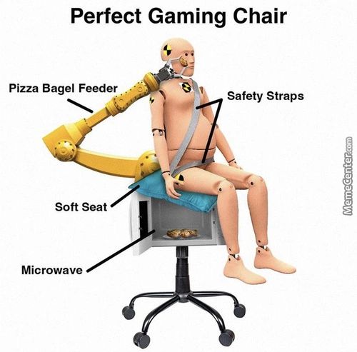 Perfect Gaming Chair
Pizza Bagel Feeder
Soft Seat
Microwave
Safety Straps
