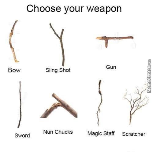 Choose Your Weapon
Bow
Sword
Sling Shot
Nun Chucks
Gun
Magic Staff
Scratcher
