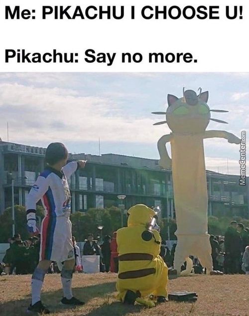 Me: PIKACHU I CHOOSE U!
Pikachu: Say No More.

