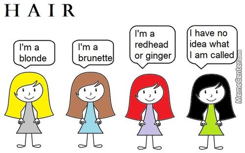 HAIR
I'm A
Blonde
I'm A
Brunette
I'm A
Redhead
Or Ginger
I Have No
Idea What
I Am Called
