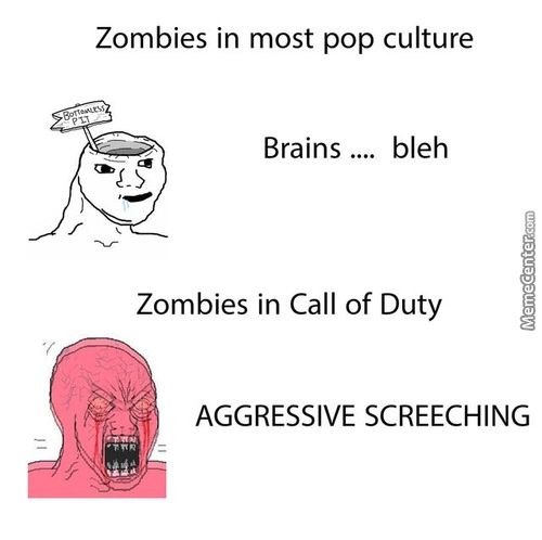 Zombies In Most Pop Culture
Brains ....
Bleh
Zombies In Call Of Duty
AGGRESSIVE SCREECHING
