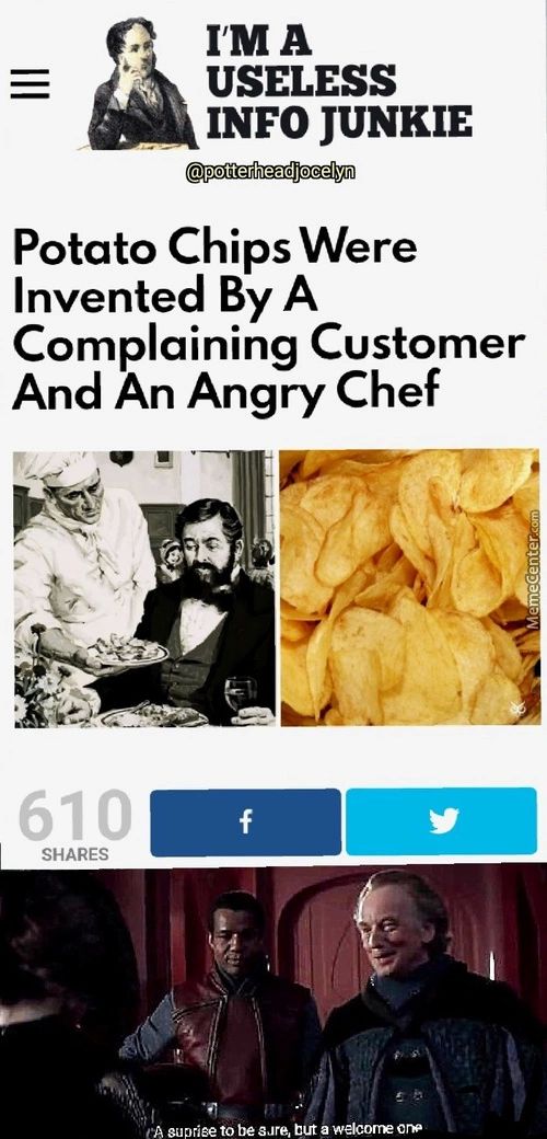 USELESS
INFO JUNKIE
@pytterheadjocelyn
Potato Chips Were
Invented By A
Complaining Customer
And An Angry Chef
SHARES
•A Gupriee To Be Put A Welcorre
