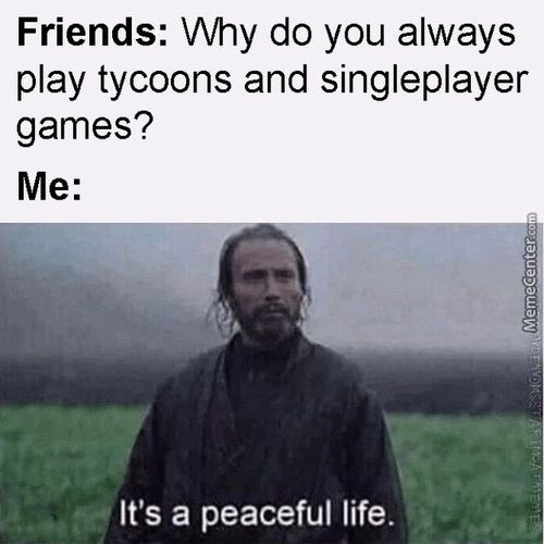 Friends: Why Do You Always
Play Tycoons And Singleplayer
Games?
Me:
It's A Peaceful Life.
