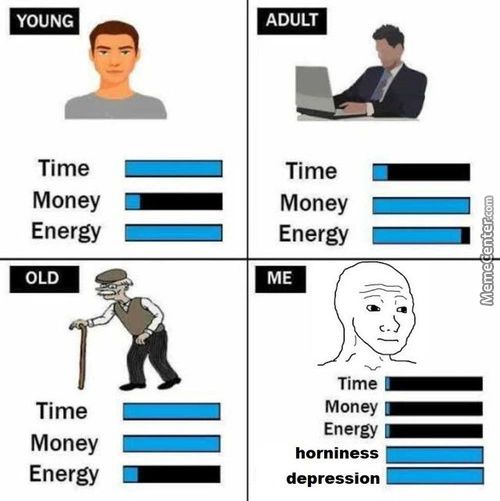 YOUNG
Time
Money
Energy
OLD
Time
Money
Energy
ADULT
Time
Money
Energy
ME
Time
Money
Energy
Hominess
Depression
