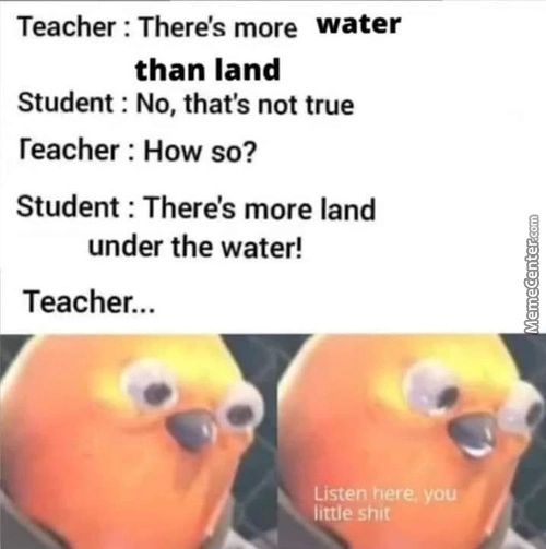 Teacher : Theres More Water
Than Land
Student : No, That's Not True
Reacher : How So?
Student : There's More Land
Under The Water!
Teacher...
Listen Here You
Little Shit
