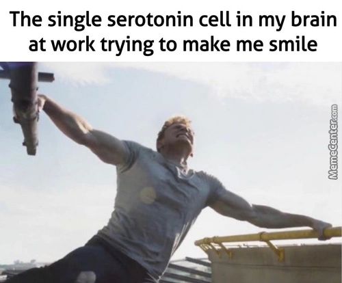 The Single Serotonin Cell In My Brain
At Work Trying To Make Me Smile
