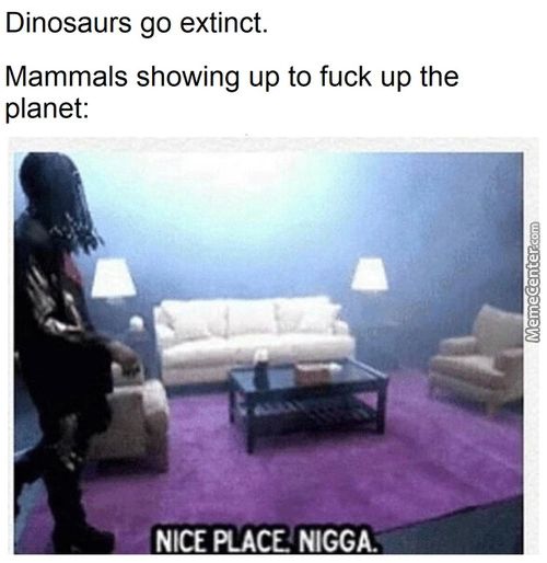 Dinosaurs Go Extinct.
Mammals Showing Up To Fuck Up The
Planet:
NICE PLACE NIGGA.
