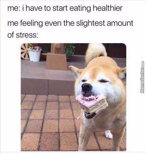 Me: I Have To Start Eating Healthier
Me Feeling Even The Slightest Amount
Of Stress:
