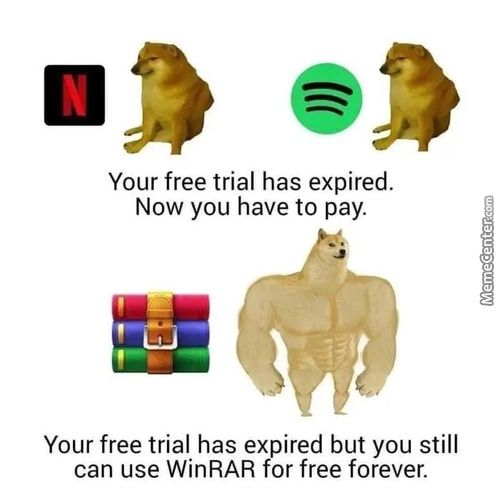 Your Free Trial Has Expired.
Now You Have To Pay.
Your Free Trial Has Expired But You Still
Can Use WinRAR For Free Forever.
