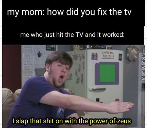 My Mom: How Did You Fix The Tv
Me Who Just Hit The TV And It Worked:
I Slap That Shit On With The Power Of Zeus
