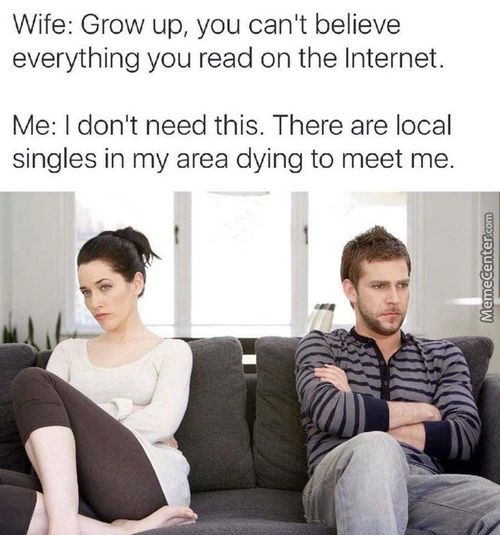Wife: Grow Up, You Can't Believe
Everything You Read On The Internet.
Me: I Don't Need This. There Are Local
Singles In My Area Dying To Meet Me.
