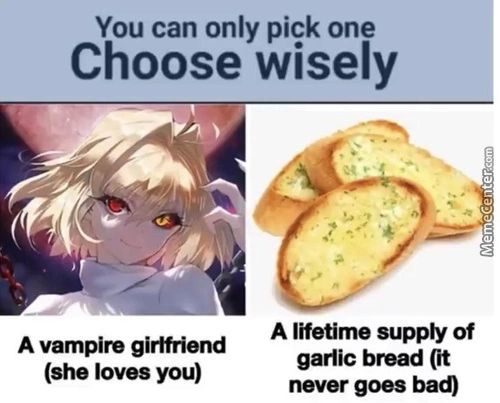 You Can Only Pick One
Choose Wisely
A Lifetime Supply Of
A Vampire Girlfriend
Garlic Bread (it
(she Loves You)
Never Goes Bad)
