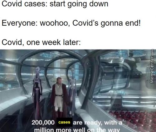 Covid Cases: Start Going Down
Everyone: Woohoo, Covid's Gonna End!
Covid, One Week Later:
Cases

