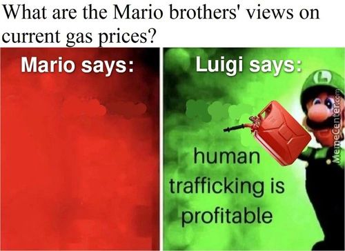 What Are The Mario Brothers' Views On
Current As Rices?
Mario Says:
4-
Luigi Say':
Human
Trafficking Is
Rprofitable
