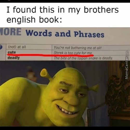 I Found This In My Brothers
English Book:
Ords An Phrases
(not) At All
Cute
Dea
You're Not Bothering Me At All!
Shrek Is Too Cute For Me
E Of The Ttnpan Snake Is Deadlv
