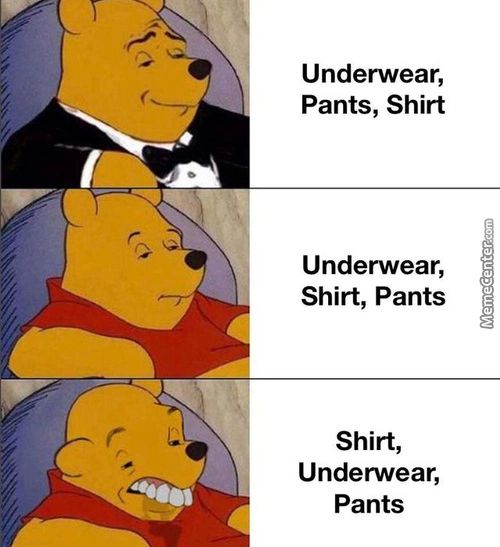 Underwear,
Pants, Shirt
Underwear,
Shirt, Pants
Shirt,
Underwear,
Pants
