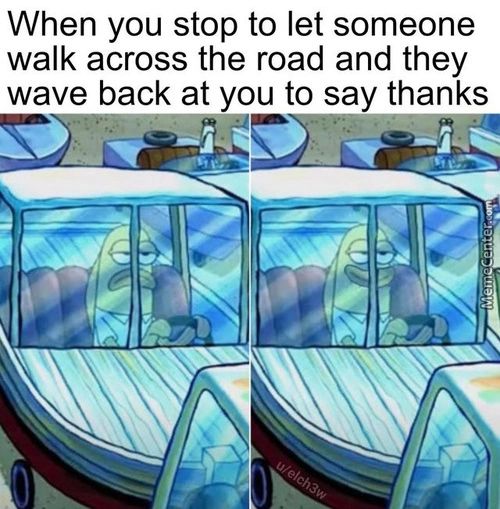 When You Stop To Let Someone
Walk Across The Road And They
Wave Back At You To Say Thanks
