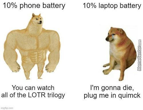 10% Phone Battery
You Can Watch
All Of The LOTR Trilogy
10% Laptop Battery
I'm Gonna Die,
Plug Me In Quimck

