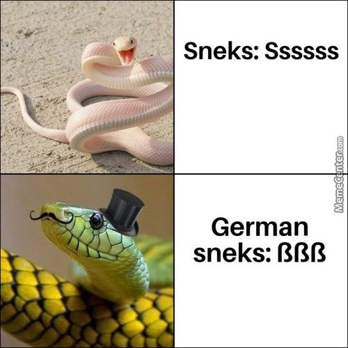 Sneks: Ssssss
German
Sneks: ßßß
