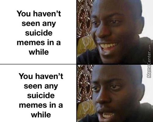 You Haven't
Seen Any
Suicide
Memes In A
While
You Haven't
Seen Any
Suicide
Memes In A
While
