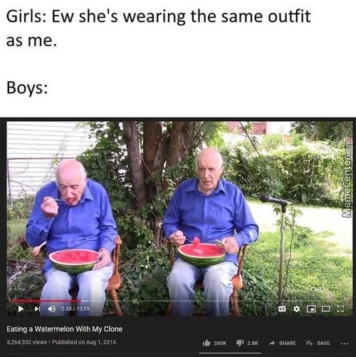 Girls: Ew She's Wearing The Same Outfit
As Me.
Boys:
Eating A Watermelon With My Clone
Aug I, 2016
