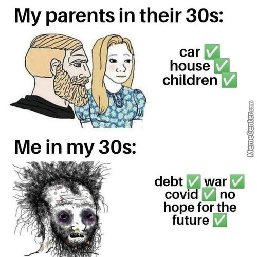 My Parents In Their 30s:
Me In My 30s:
Car
House
Children
Debt War
Covid No
Hope For The
Future
