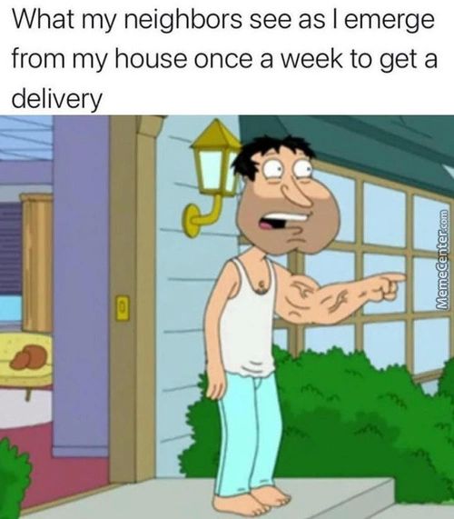What My Neighbors See As I Emerge
From My House Once A Week To Get A
Delivery
