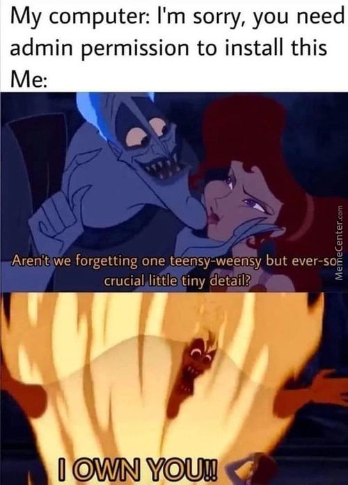 My Computer. I'm Sorry, You Need
Admin Permission To Install This
—ArenVwe Forgetting One Teensvweensy But Ever-soæ
Crucialditflé Tiny Detiail?•
OWN
