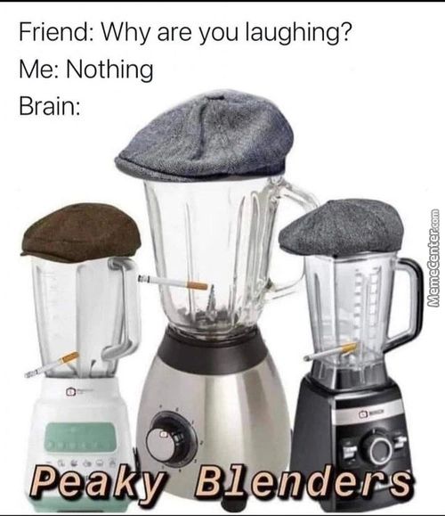 Friend: Why Are You Laughing?
Me: Nothing
Brain:
Peakqy Blende,ßs

