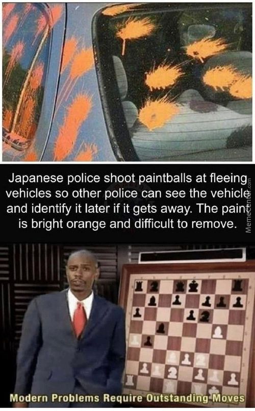 Japanese Police Shoot Paintballs At Fleeing
Vehicles So Other Police Can See The Vehicle
And Identify It Later If It Gets Away. The Paint;
Is Bright Orange And Difficult To Remove.
Modern Problems Requitevfitstanging Move
