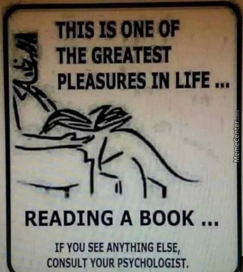 THIS IS ONE OF
THE GREATEST
PLEASURES IN LIFE ...
READING A BOOK ...
IF YOU SEE ANYTHING ELSE,
CONSULT YOUR PSYCHOLOGIST.
