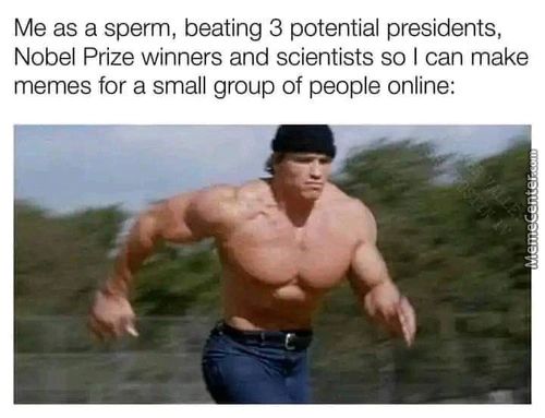 Me As A Sperm, Beating 3 Potential Presidents,
Nobel Prize Winners And Scientists So I Can Make
Memes For A Small Group Of People Online:

